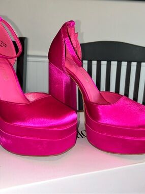 Dream Pairs Hot Pink Satin Platform Block Heels